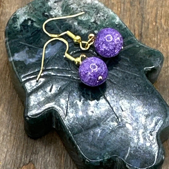 Statement purple crackled Quartz vermeil gold dangle spheres long earrings - Picture 1 of 1